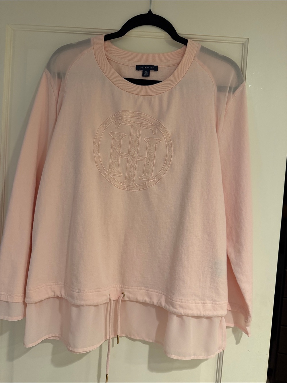 Tommy Hilfiger Light Pink Embroidered Logo Layered-Hem Sweatshirt